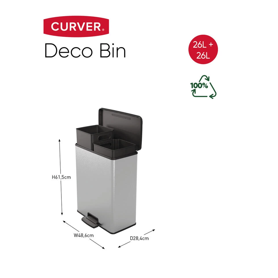 Curver Decobin Duo Prullenbak - 26L+26L - Zilver Metallic - Afbeelding 2