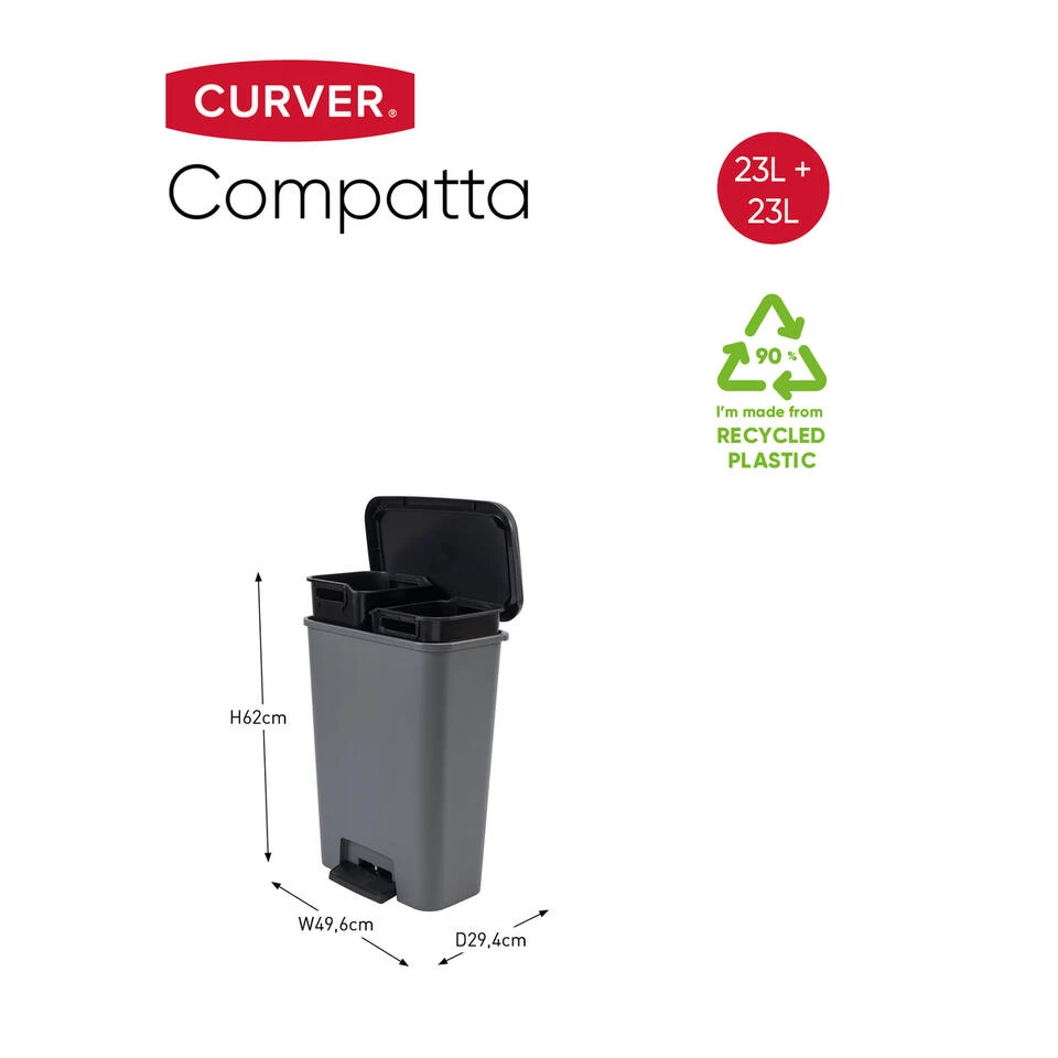 Curver Compatta Duo Prullenbak 23L+23L - Grijs/Zwart - Afbeelding 2