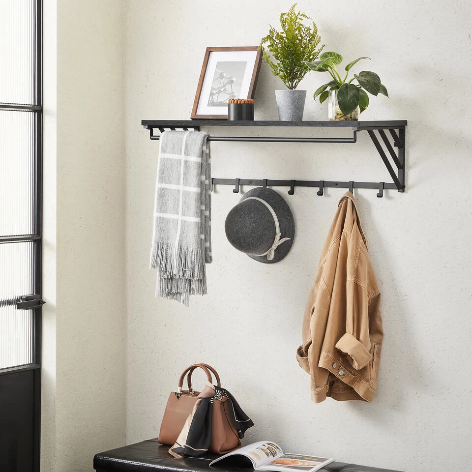 ACAZA Wandkapstok Met Plank En 7 Haken, Metaal En Hout, Zwart - Afbeelding 2