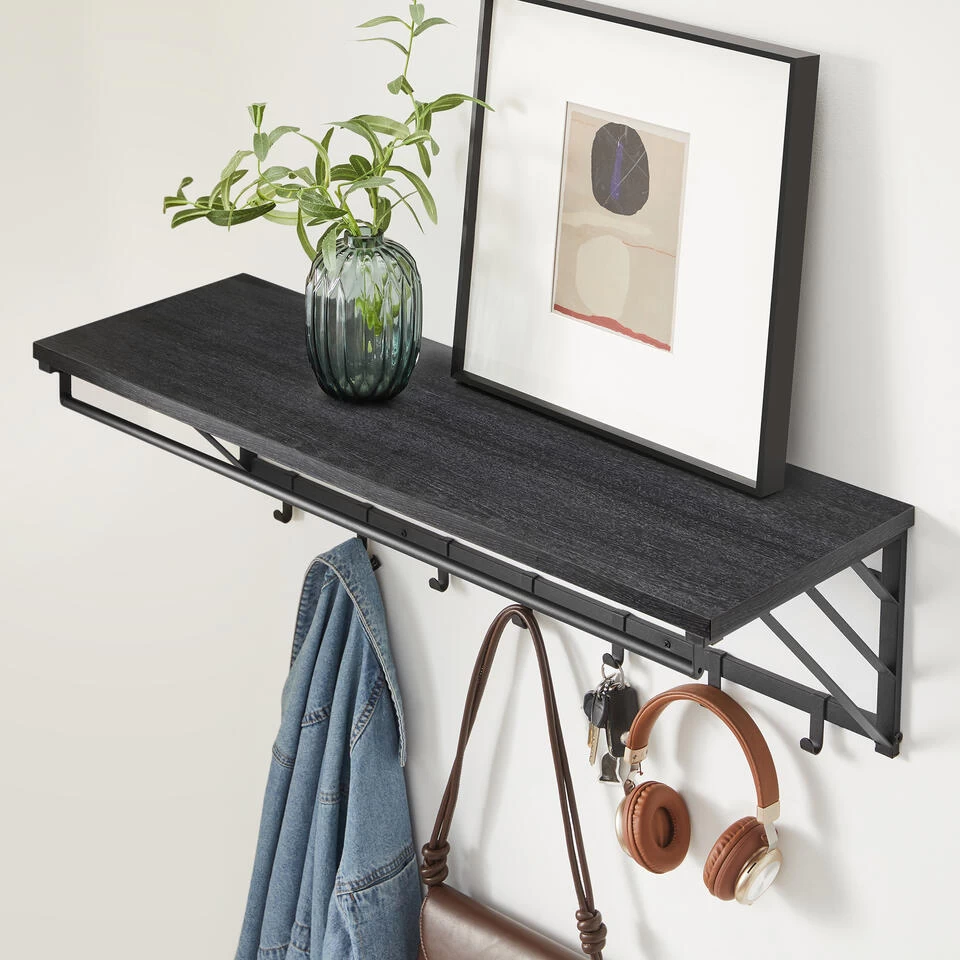 ACAZA Wandkapstok Met Plank En 7 Haken, Metaal En Hout, Zwart - Afbeelding 3