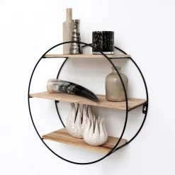 Zwart Metalen Wandrek Met 3 Houten Plankjes - Rond - 50x19 Cm