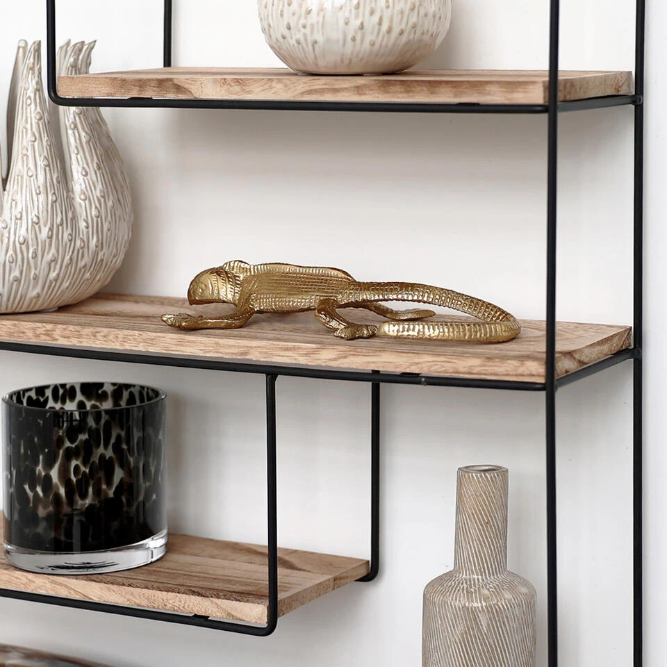 Zwart Metalen Wandrek Met 4 Houten Plankjes - Rechthoek - 55x45x11 Cm - Afbeelding 2