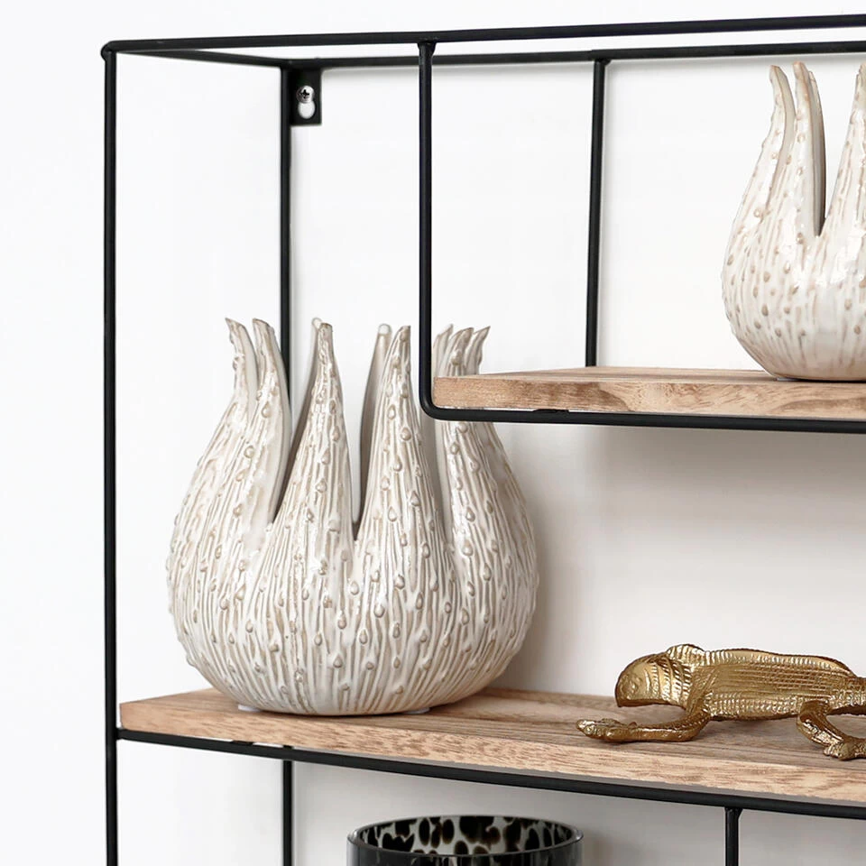 Zwart Metalen Wandrek Met 4 Houten Plankjes - Rechthoek - 55x45x11 Cm - Afbeelding 3