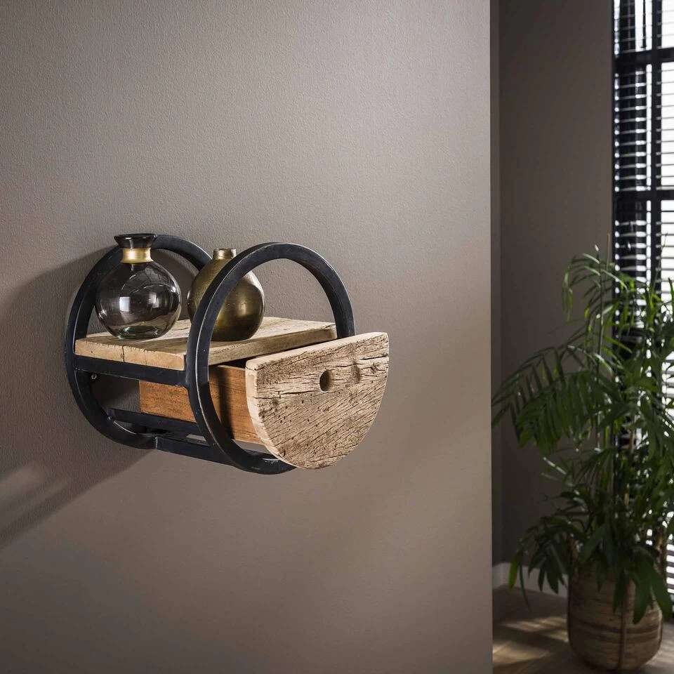 Hoyz - Wandschap Circular - Ø30 - Met Lade - Hout - Bruin - Afbeelding 3