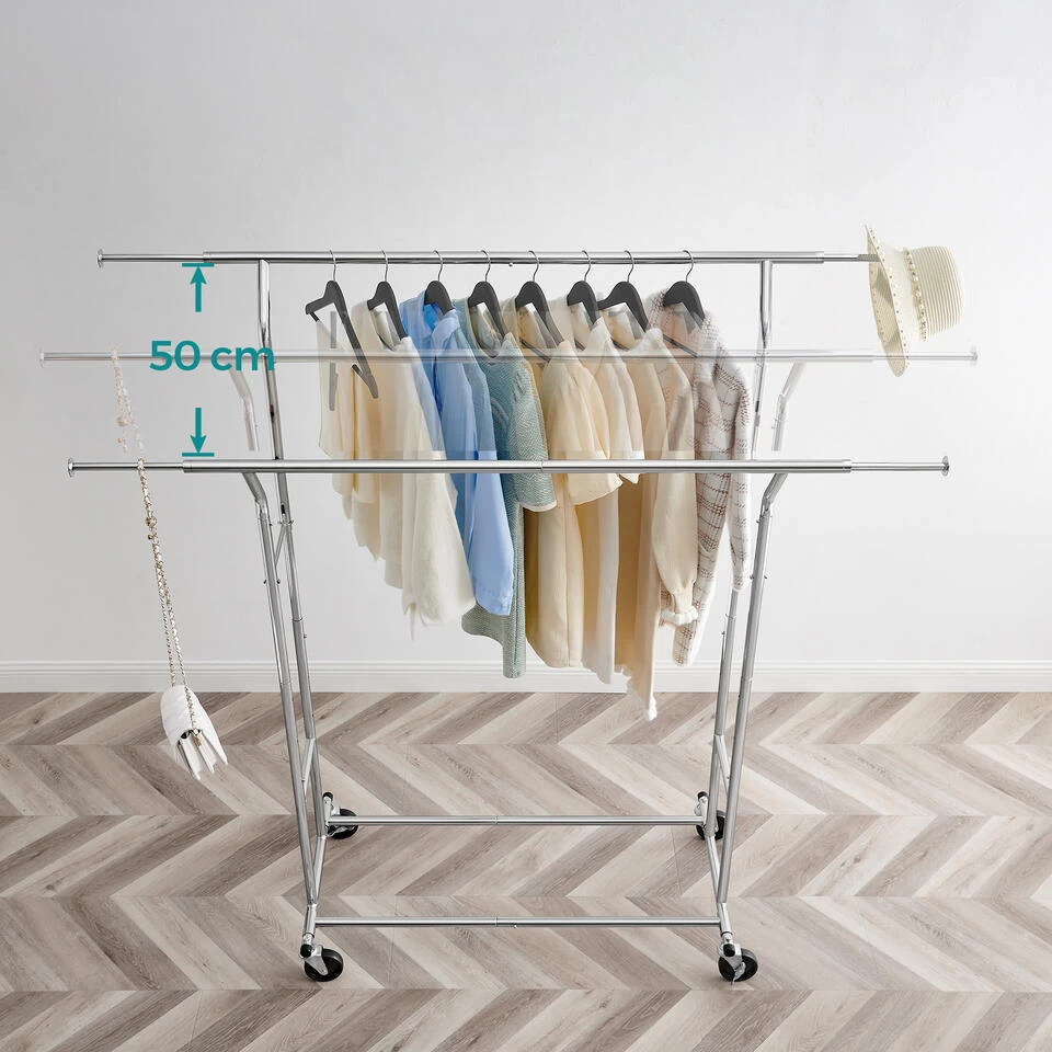 O’DADDY® Kledingrek Dubbel - 4 Wielen - Tot 110kg - Garderoberek - RVS - Afbeelding 2