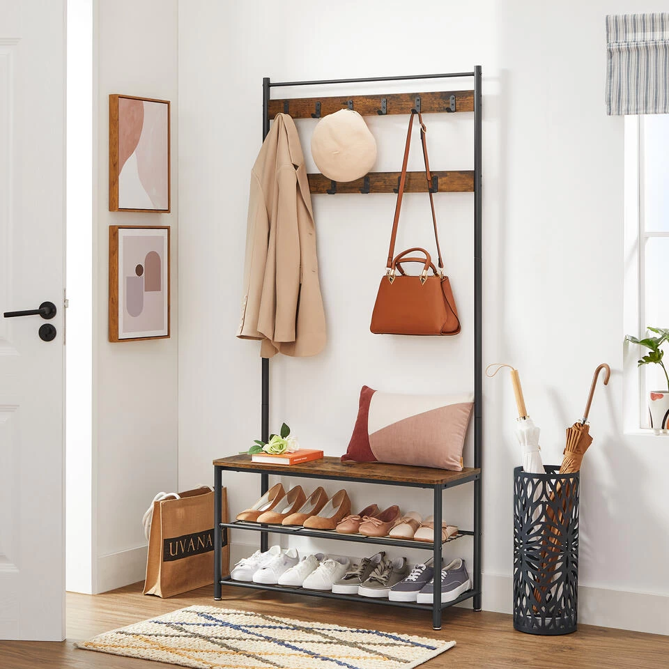 ACAZA Garderoberek XL Met Schoenenbank En Kapstok, Bruin Zwart Vintage - Afbeelding 2