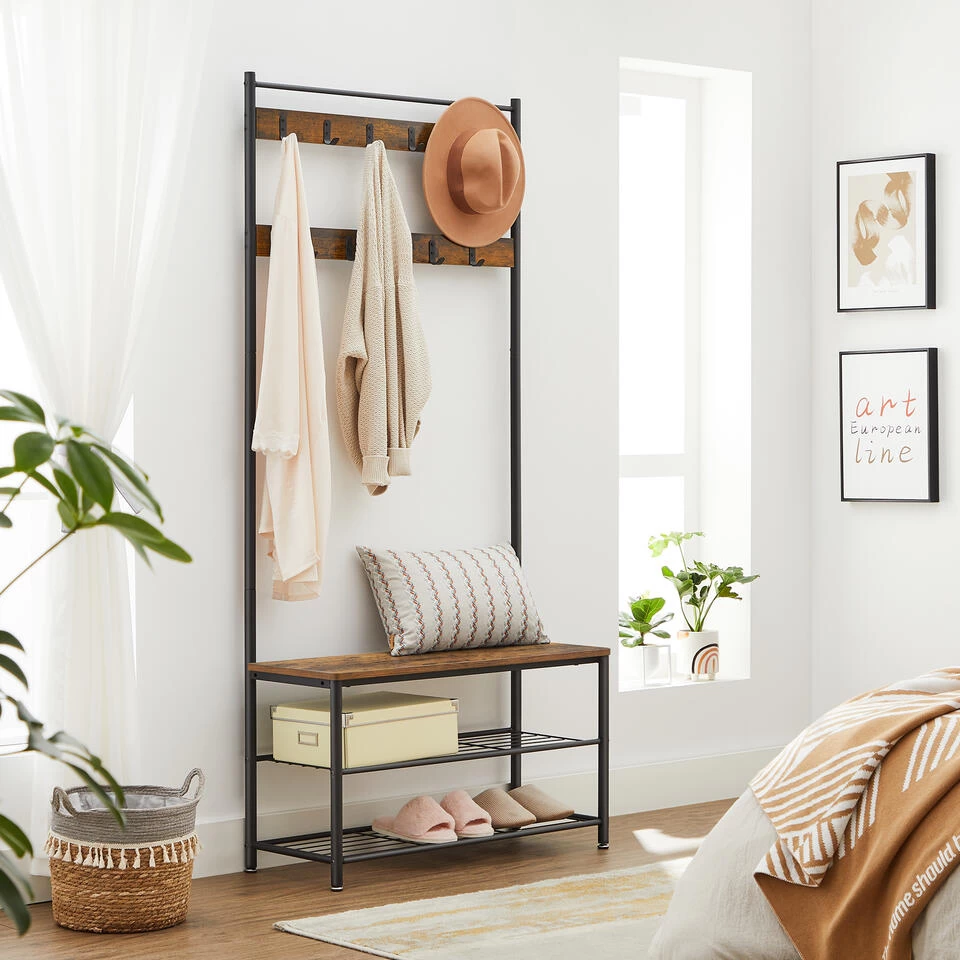 ACAZA Garderoberek XL Met Schoenenbank En Kapstok, Bruin Zwart Vintage - Afbeelding 3