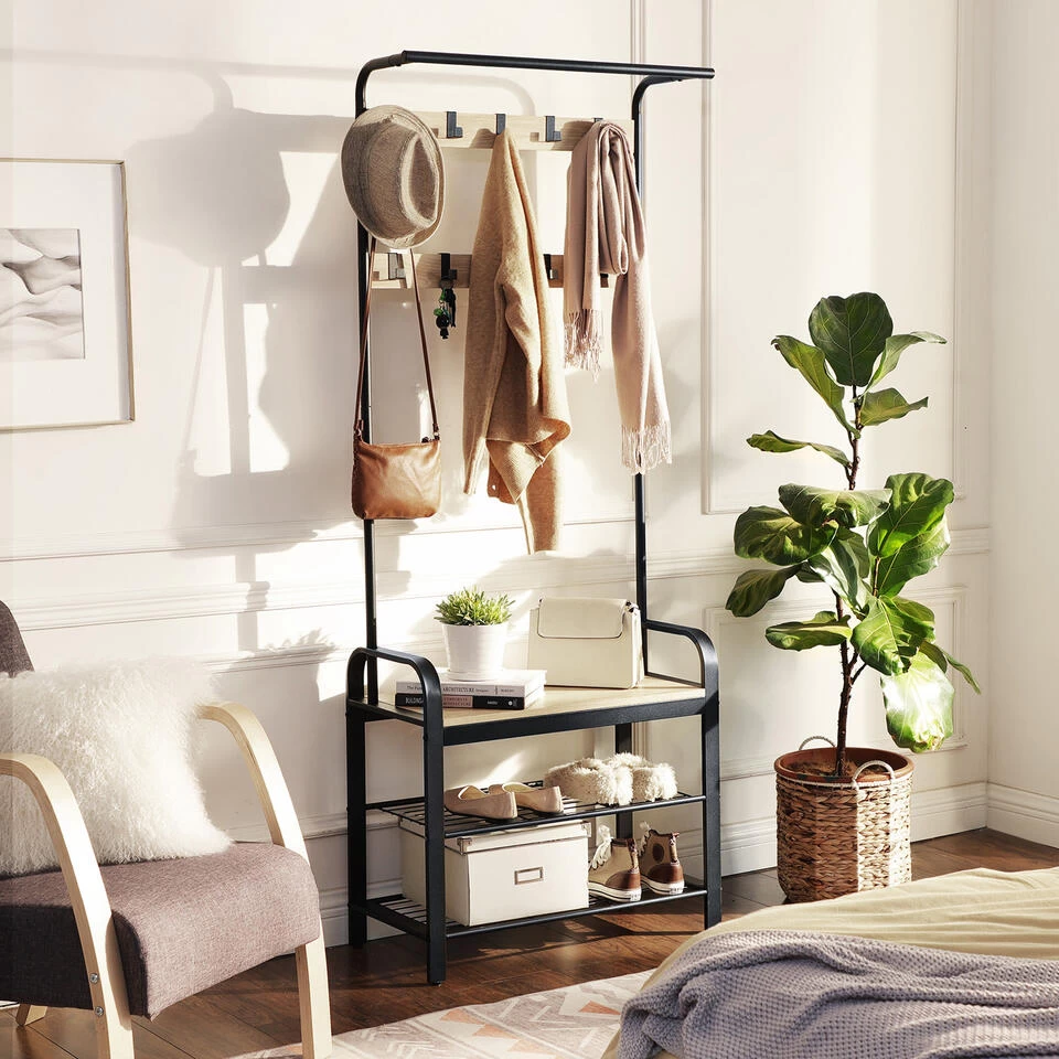 ACAZA Garderoberek In Lichte Eik Kleur Met Kapstok, Schoenenrek En Bankje - Afbeelding 2