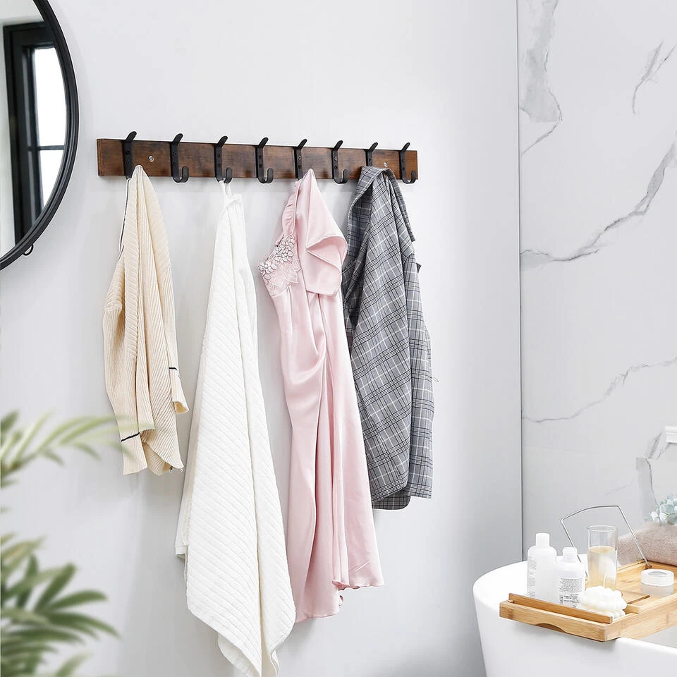 ACAZA Lange Muur Kapstok, Retro, Vintage Bruin Met Zwarte Haken, 88 Cm - Afbeelding 2