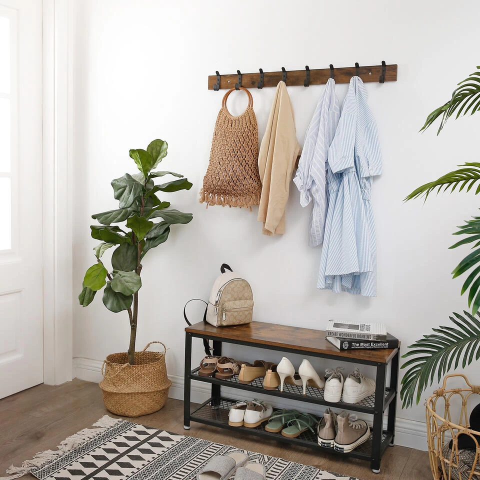 ACAZA Lange Muur Kapstok, Retro, Vintage Bruin Met Zwarte Haken, 88 Cm - Afbeelding 3