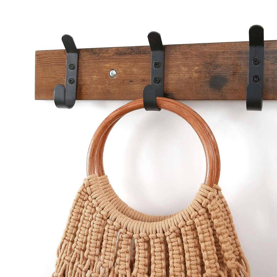 ACAZA Lange Muur Kapstok, Retro, Vintage Bruin Met Zwarte Haken, 88 Cm - Afbeelding 4