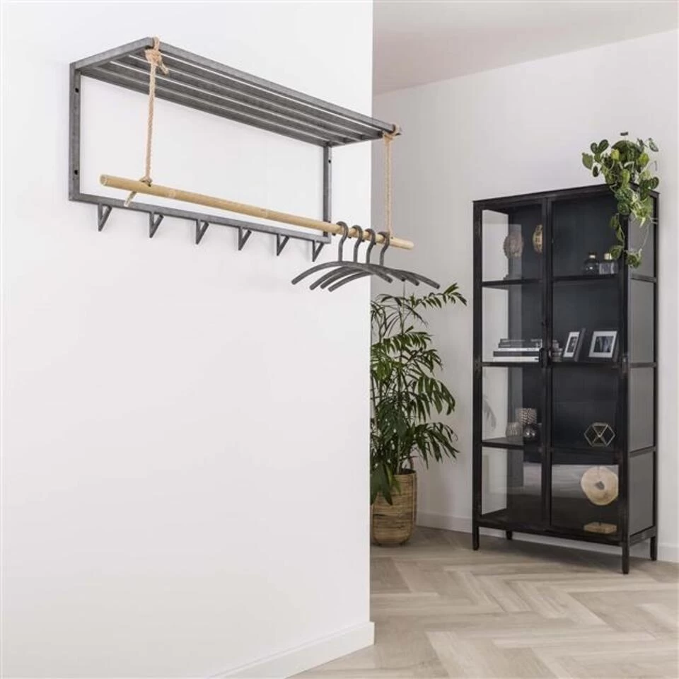 Industriële Kapstok Bobby Hoedenplank 6 Haaks - 32x120x39 Cm - Metaal - Grijs - Afbeelding 2