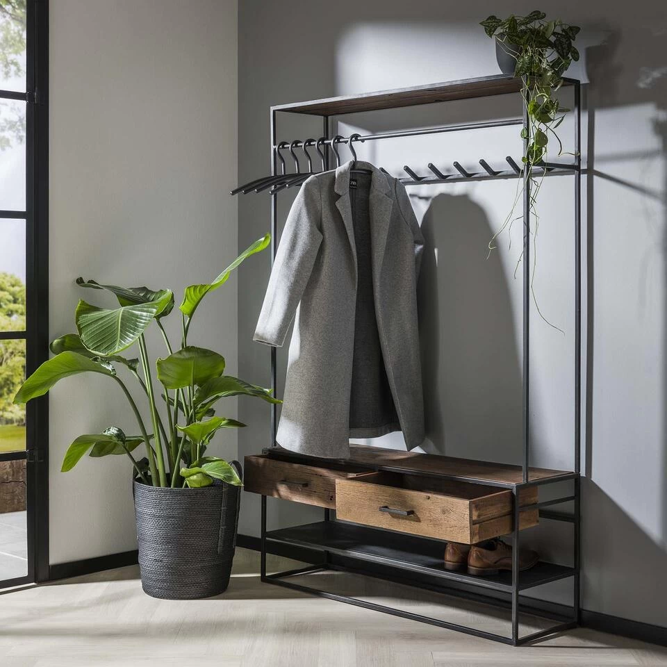 Kapstok Industrieel Charlie Hout Metaal 9 Haken 35x120x180 Cm Hardhout - Afbeelding 2