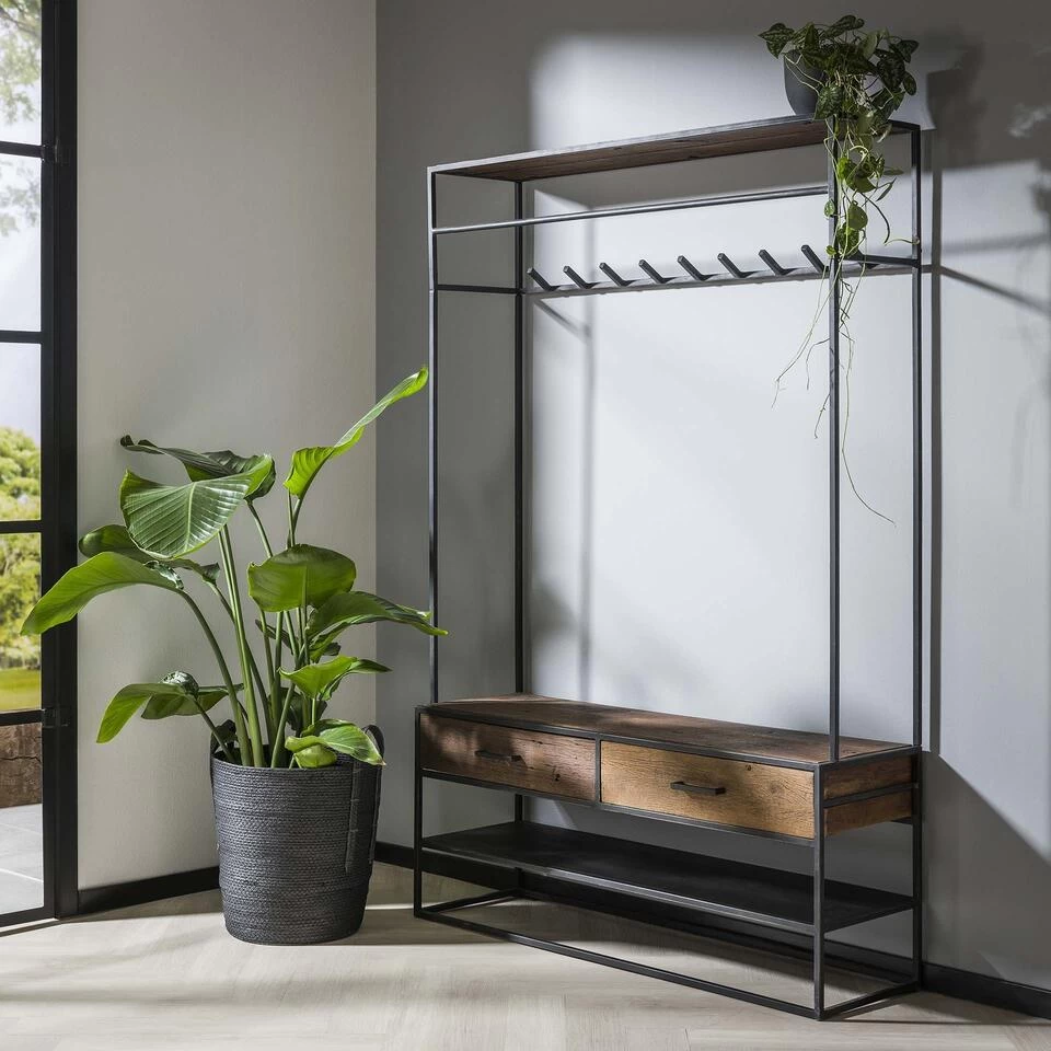 Kapstok Industrieel Charlie Hout Metaal 9 Haken 35x120x180 Cm Hardhout - Afbeelding 3