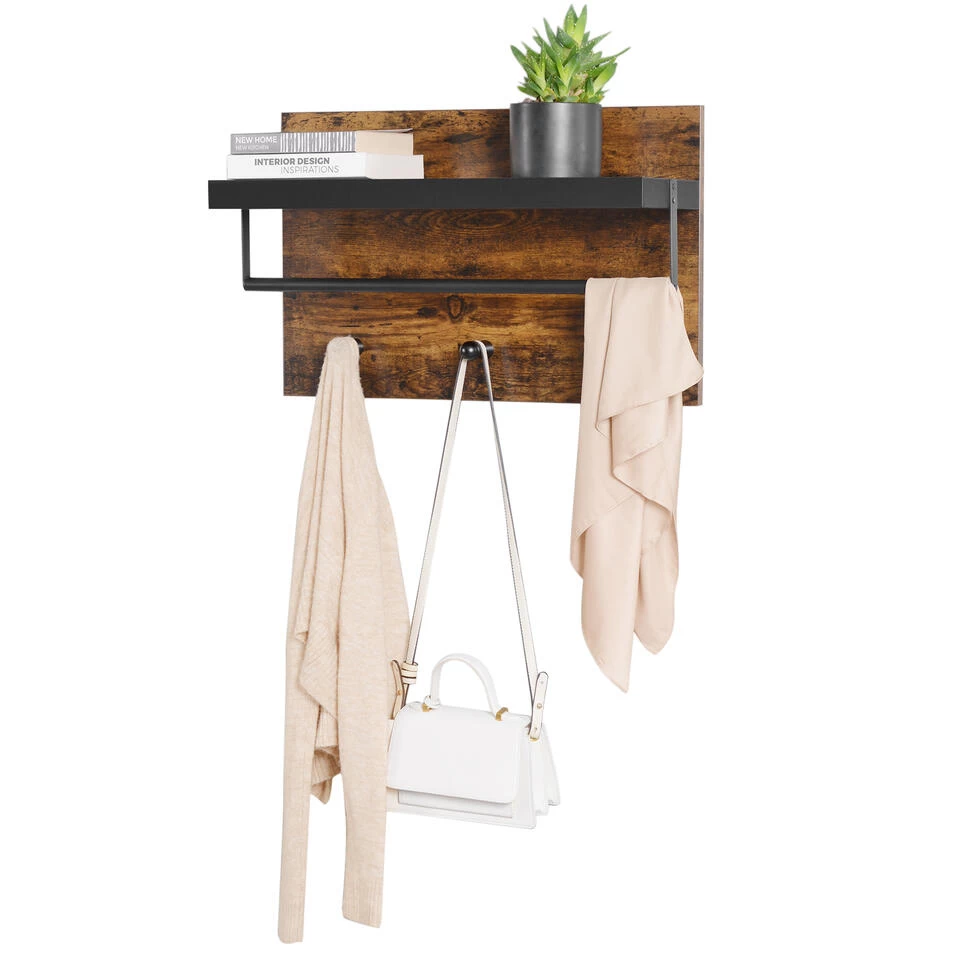 Furnihaus Wandkapstok Bruin Met Zwarte Hoedenplank, 3 Hangers En Garderobestang, - Afbeelding 3