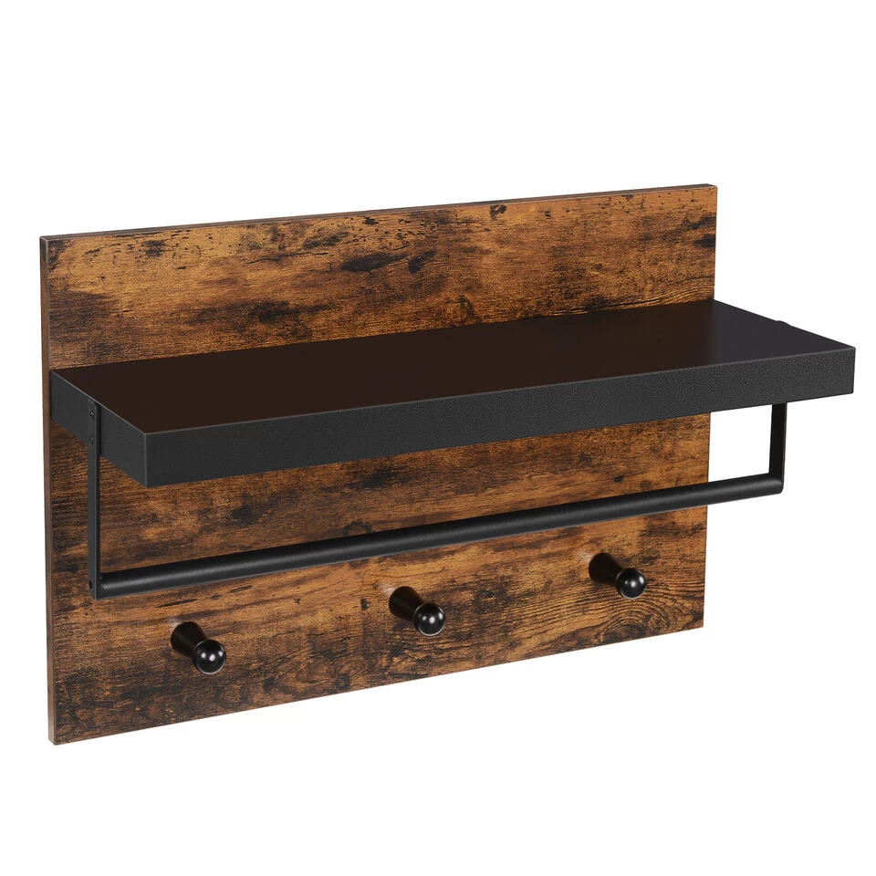 Furnihaus Wandkapstok Bruin Met Zwarte Hoedenplank, 3 Hangers En Garderobestang,