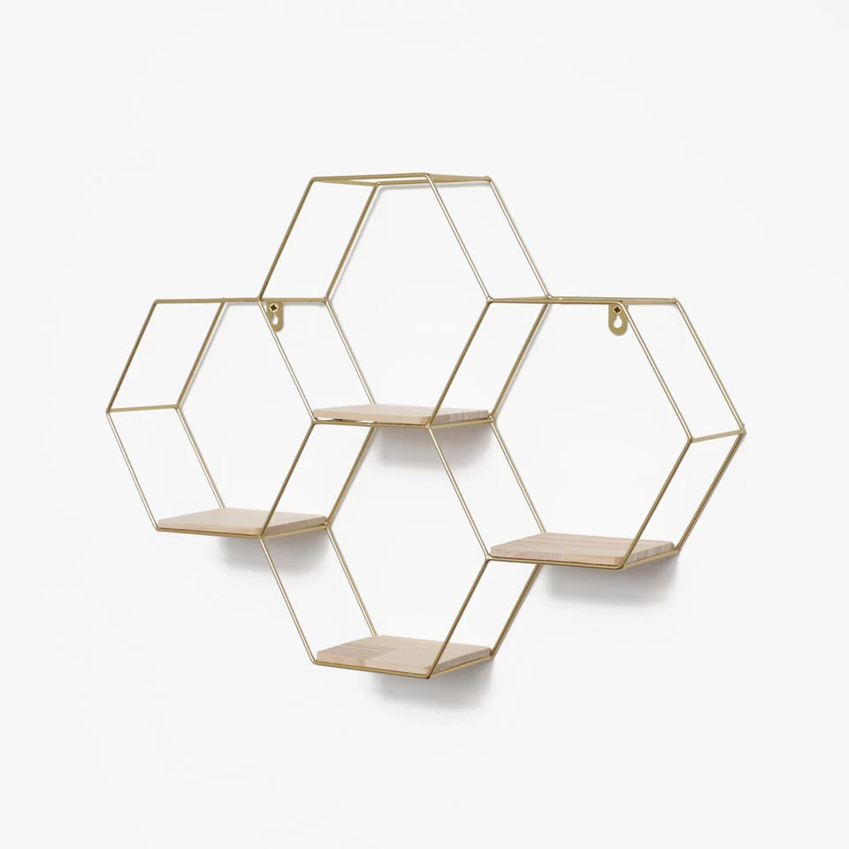Vierdubbel Zeshoekig Metalen Wandrek Met 4 Houten Plankjes - 40,5x58 Cm - Goud - Afbeelding 2