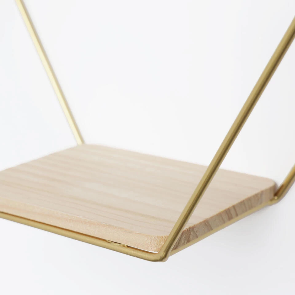 Vierdubbel Zeshoekig Metalen Wandrek Met 4 Houten Plankjes - 40,5x58 Cm - Goud - Afbeelding 3