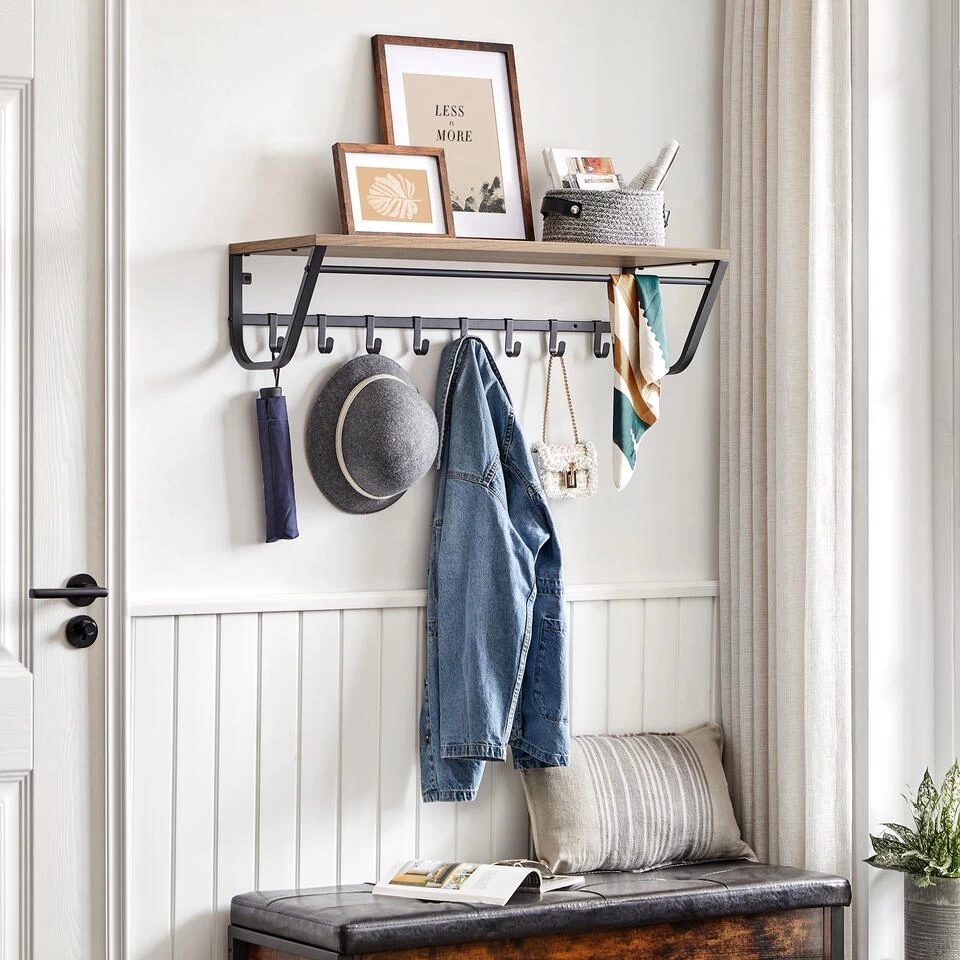 ACAZA Lange Kapstok Voor De Muur Of Wand - 90 Cm Lang - Essenhout Bruin - Afbeelding 2