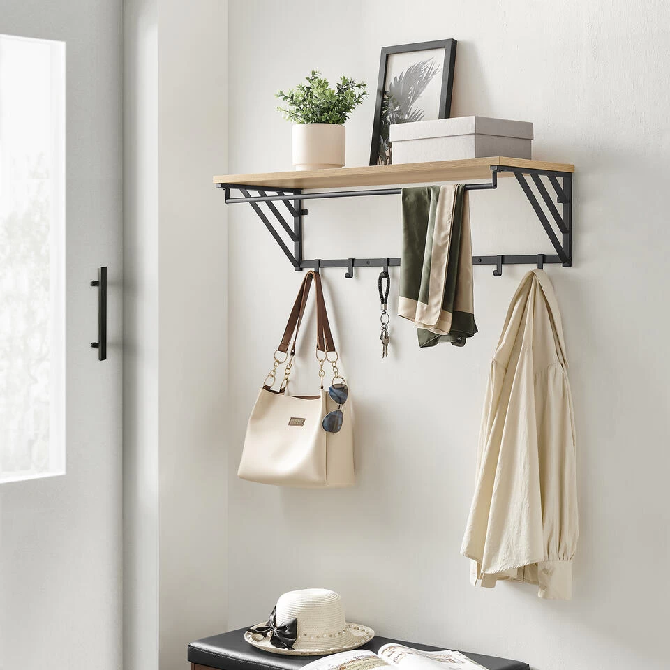 ACAZA Wandkapstok Met Plank En 7 Haken, Lichte Eik Kleur - Afbeelding 2