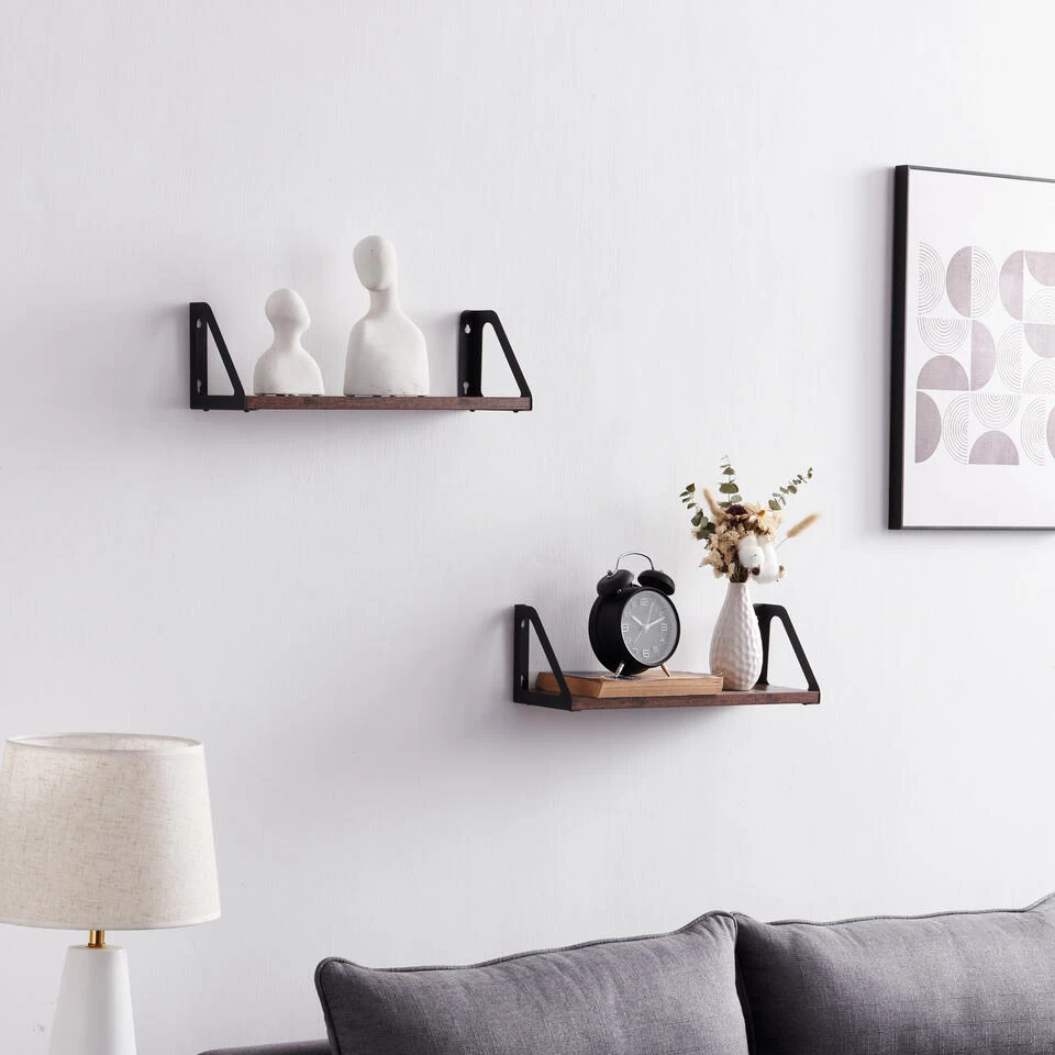 ACAZA Set Van 2 Wandplanken - 40 X 12 X 11 - Bruin Vintage Hout En Zwart - Afbeelding 2
