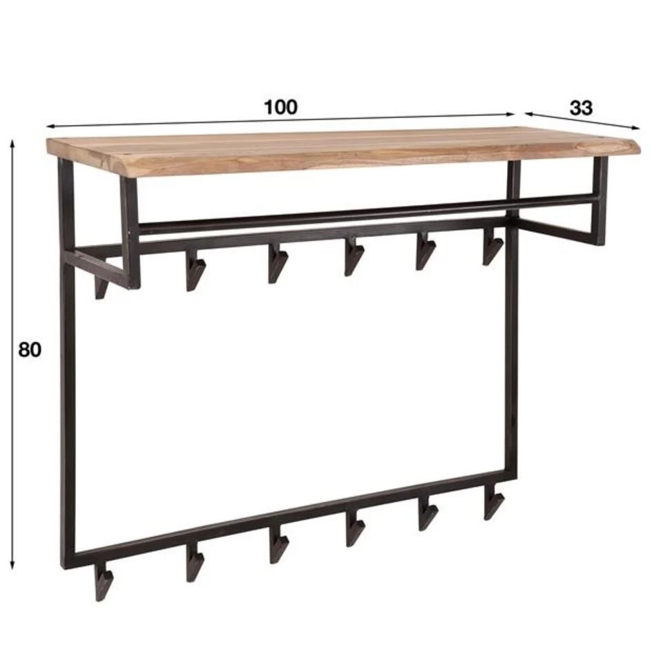Industriële Kapstok Teun 12 Haken Acaciahout - 33x100x80 Cm - Hout - Bruin - Afbeelding 4
