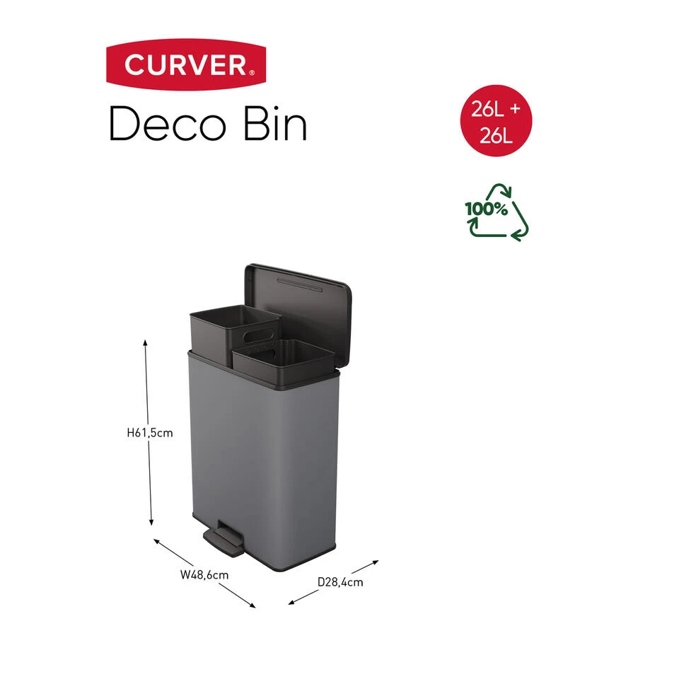 Curver Decobin Duo Prullenbak - 26L+26L - Rechthoekig - Cool Grey - Afbeelding 2