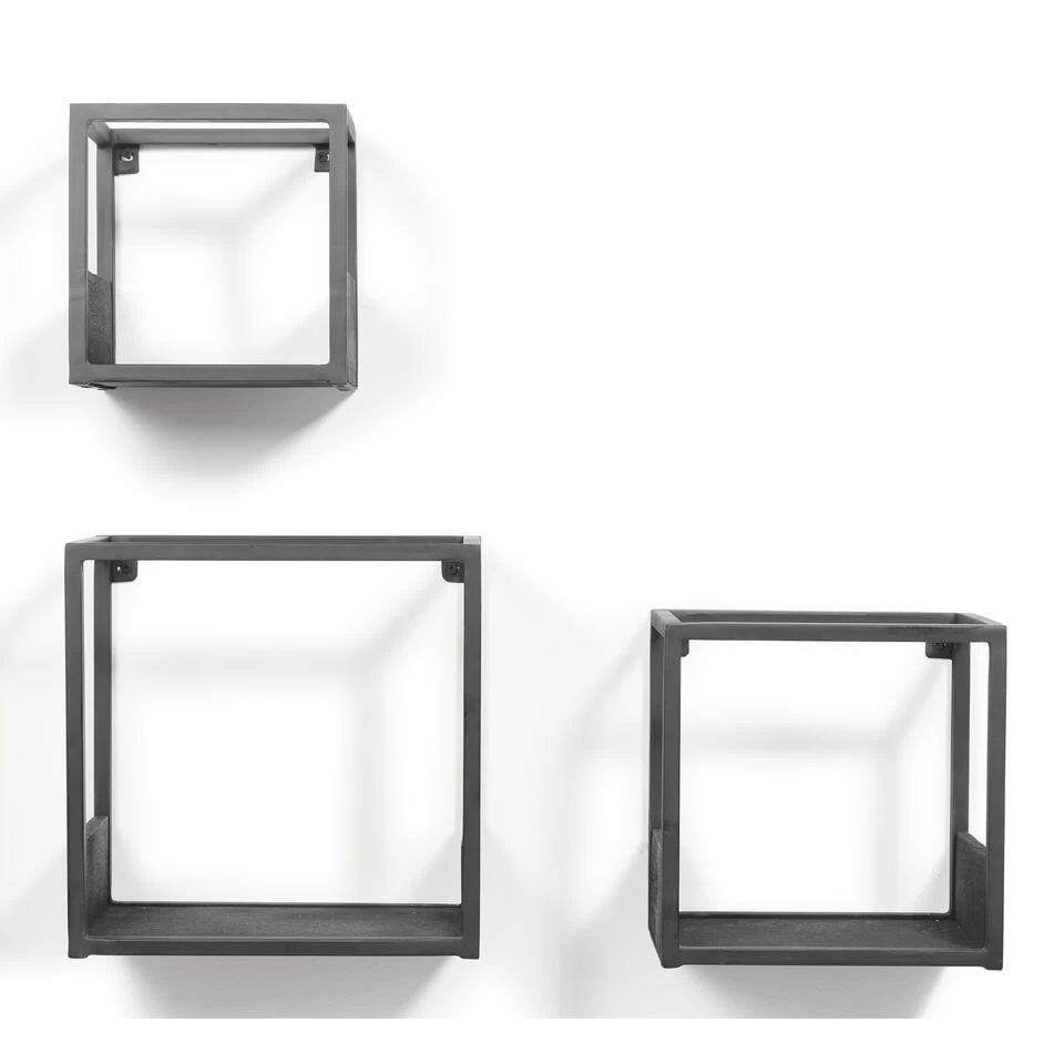 Multifurn - Set Van 3 Industriële Wandplanken - Mango Hout Zwart - Afbeelding 2