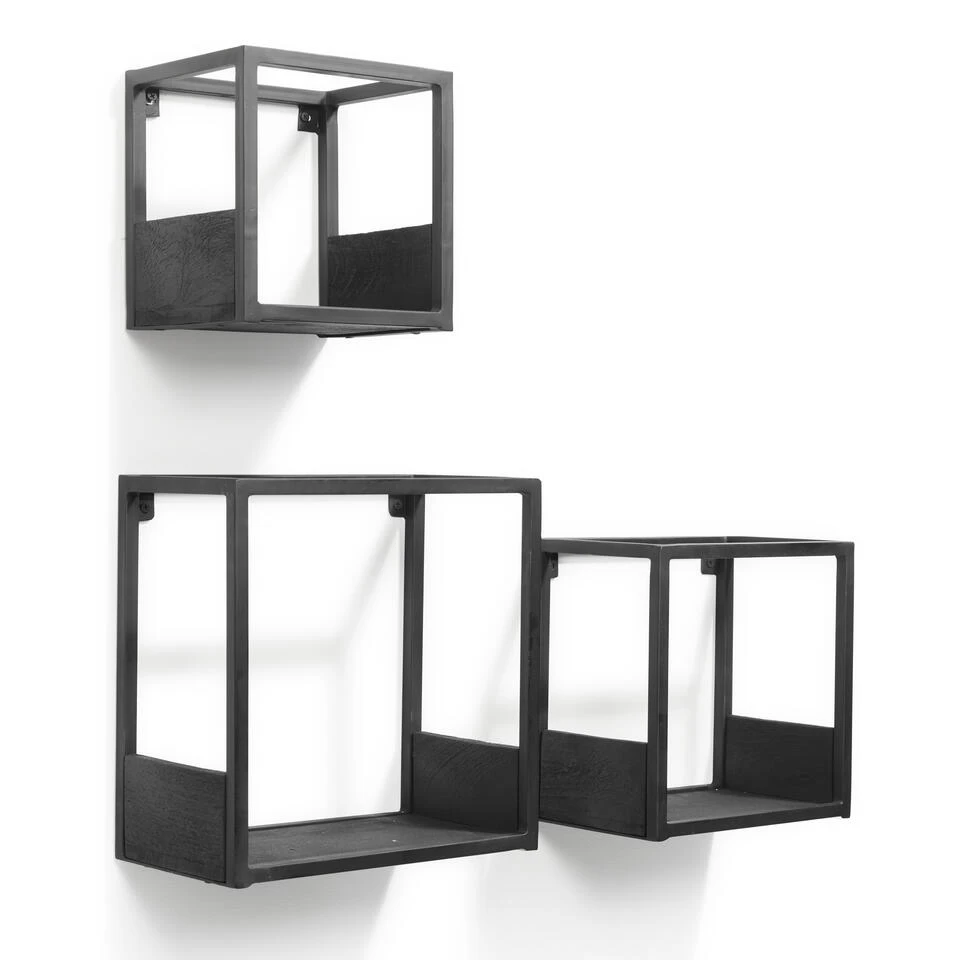 Multifurn - Set Van 3 Industriële Wandplanken - Mango Hout Zwart - Afbeelding 3