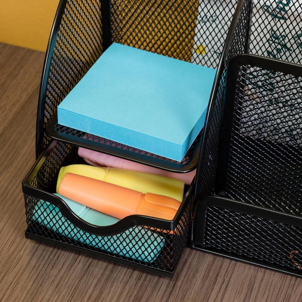 QUVIO Bureau Organizer 5 Vakken + 1 Lade + 1 Plankje Met Gaas - Zwart - Afbeelding 2