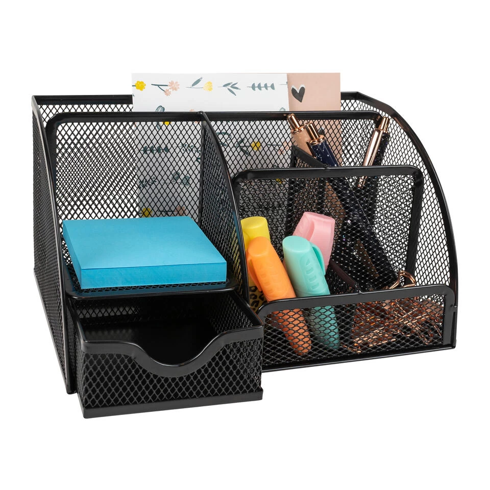 QUVIO Bureau Organizer 5 Vakken + 1 Lade + 1 Plankje Met Gaas - Zwart