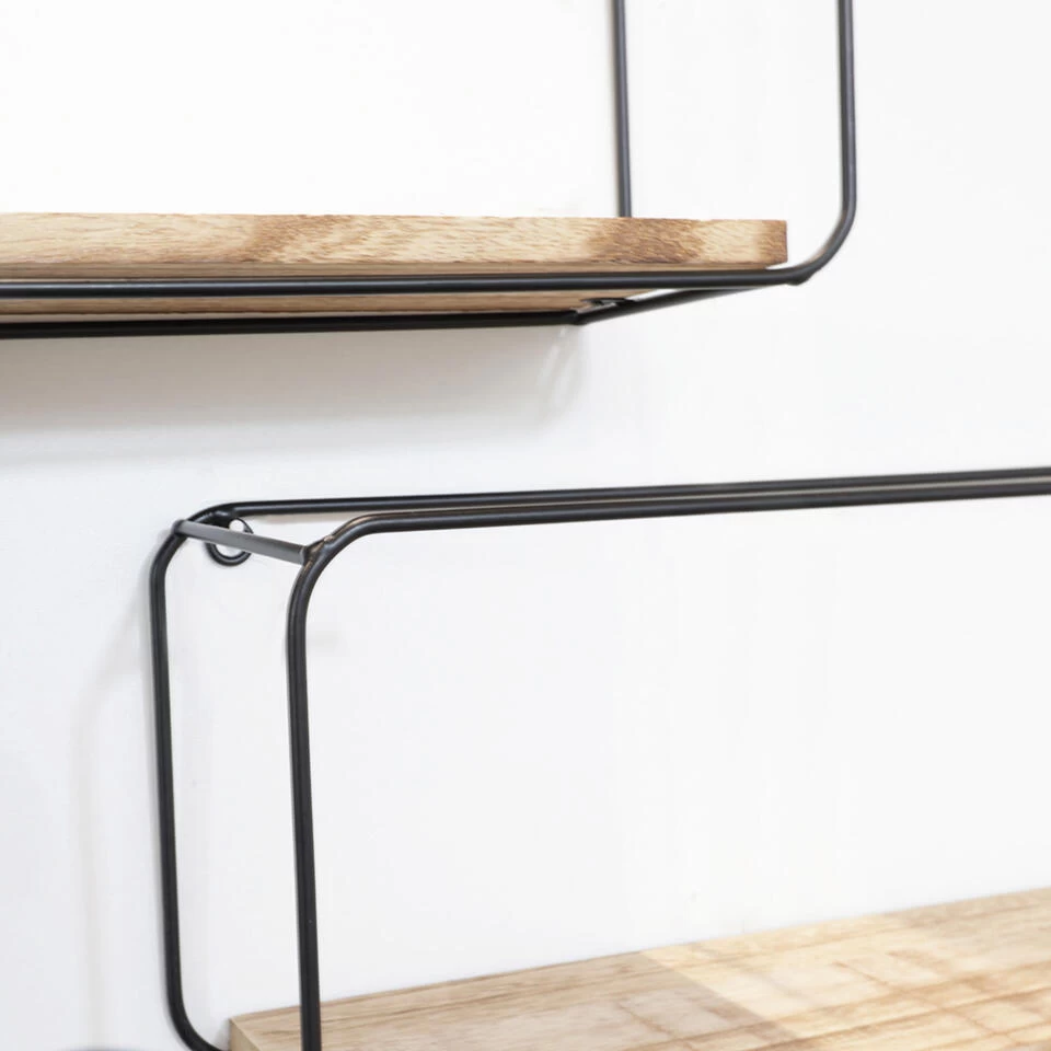 Set Van 4 Rechthoekige Metalen Wandrekjes Met Houten Plankje - Zwart - Afbeelding 4