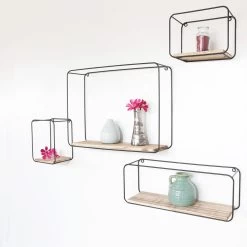 Set Van 4 Rechthoekige Metalen Wandrekjes Met Houten Plankje - Zwart