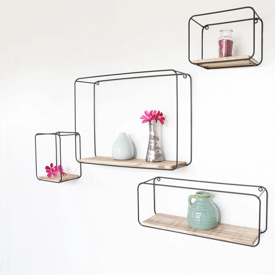 Set Van 4 Rechthoekige Metalen Wandrekjes Met Houten Plankje - Zwart