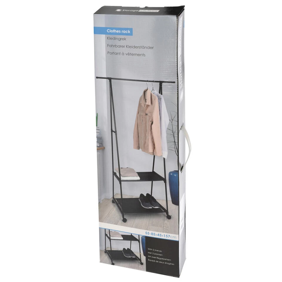 Storage Solutions Kledingrek Met Planken - Metaal - Wielen - Zwart 85x45x157cm - Afbeelding 2